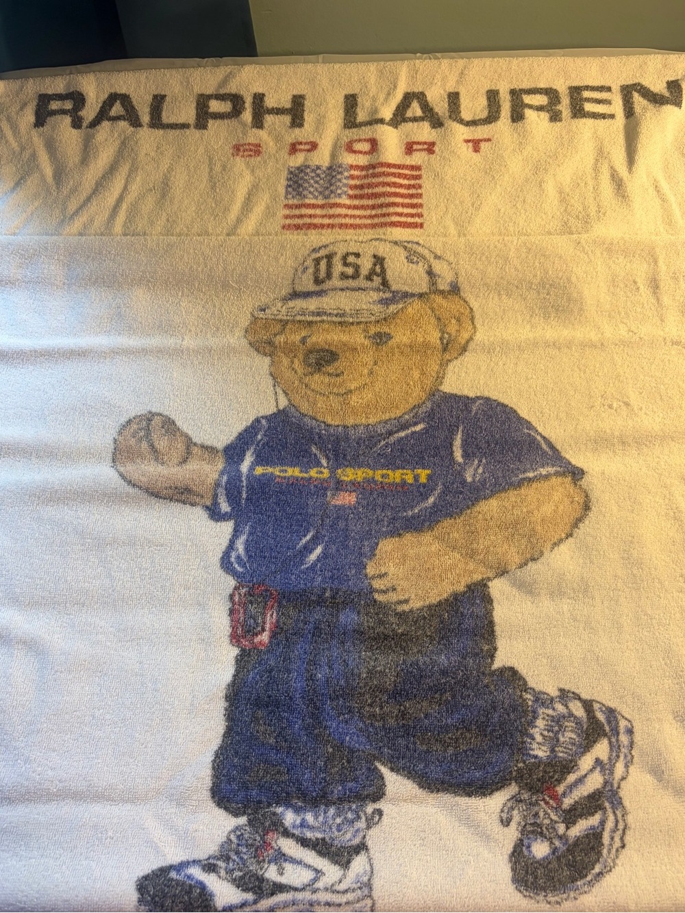 Ralph Lauren Kids Blue and Cream Polo Sport Bear Blanket